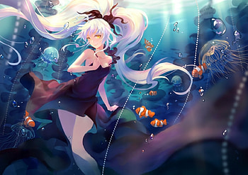 Under the Sea, fishes, jellyfish, cute, long hair, dress, beauty, lady, water, female, sweet, sea, girl, beautiful, anime girl, anime, pretty, white hair, lovely HD wallpaper