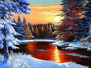 Winter Sunrise, winter, boat, snow, trees, water, lake, sunrise HD wallpaper