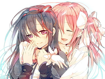 Mahou Shoujo Madoka Magica, akemi homura, pink hair, long hair, tail, kaname madoka, purple eyes HD wallpaper