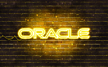 Oracle yellow logo, , yellow brickwall, Oracle logo, brands, Oracle neon logo, Oracle HD wallpaper