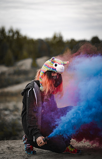 Smoke, Miscellanea, Miscellaneous, Girl, Cap, Colored Smoke, Coloured Smoke, Respirator HD phone wallpaper
