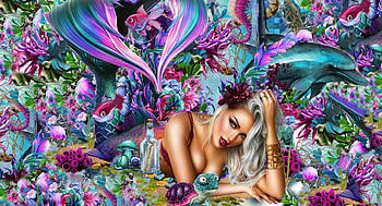 Queen of the Seas, art, fantasy, , camouflage, girl, woman, mermaid, purple, digital, pretty HD wallpaper