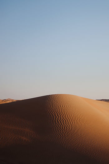 Captivating view of a sunlit sand dune with clear blue sky background, showcasing natural desert beauty. HD phone wallpaper