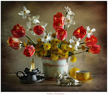 Still life, daffodil, tulip, color, dandelion, vase, cup, spring, painting, petals, flowers HD wallpaper