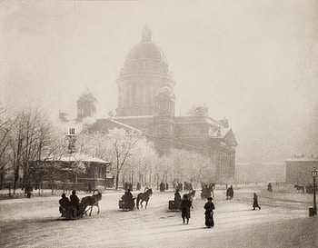 Winter in Old Petersbourg, winter, st petersburg, cities, russia, sleds, people, horses, snow, trees, ice HD wallpaper