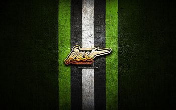 Saskatchewan Rush, golden logo, NLL, green metal background, american lacrosse team, Saskatchewan Rush logo, National Lacrosse League, lacrosse HD wallpaper