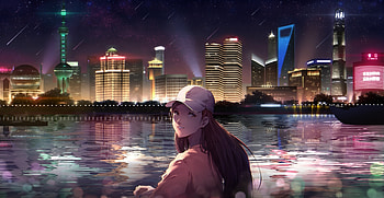 Night out, city, anime girl, original HD wallpaper