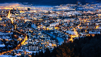 Charming houses, Riverside scenery, Night lights, Vibrant cityscape HD wallpaper