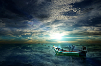 Waiting..., blue, boat, sea, fishing, beautiful, sunrise, beach, clouds, sky, magic light HD wallpaper