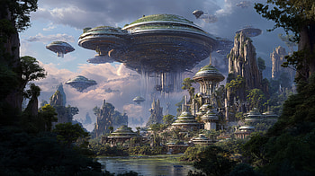 : Floating Sci‑Fi City, Sci Fi, sci fi city, Floating City, flying saucer HD wallpaper