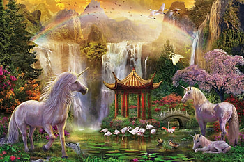 Unicorns, asian, gazebo, cute, baby, fantasy, pavilion, waterfall, unicorn, luminos HD wallpaper