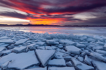 Sunset, seashore, ice, nature HD wallpaper
