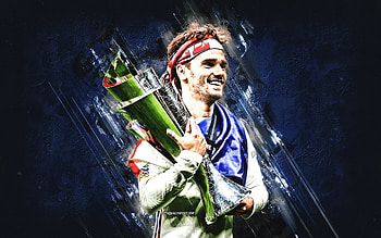 Antoine Griezmann, France national football team, portrait, French footballer, France, Griezmann with cup, blue stone background HD wallpaper