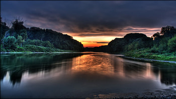 Sunset over the Lake, reflection, trees, nature, mountains, lake, sunset HD wallpaper