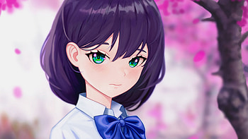 Black Short Hair Green Eyes Anime Girl With White Dress And Blue Bow Anime Girl HD wallpaper
