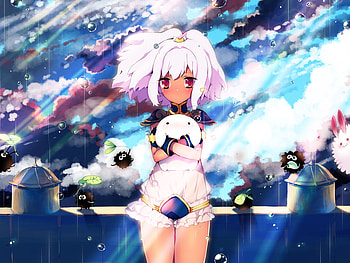 Creatures, blue, black, girl, creatuers, long hair, anime, shine, white hair, clouds, sky, female HD wallpaper