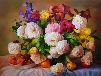 Still life, bouquet, vase, beautiful, fruits, fragrance, pretty, flowers, scent, lovely, harmony HD wallpaper