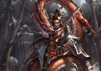 Girl and dragon, dragon, girl, fantasy, art, red HD wallpaper
