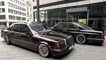 SEC and W124 in front of the store, black, classic, gloss, ri, , sec, tuorqouise, 3680x2160, mercedes, 1920x1080, 3d, reflection, school, 2020, v8, 3dsmax, , led, mentalray, c126, vray, 2018, panorama, environment, 2019, green, hop, 360, glossy, SEC WIDEBODY HD wallpaper