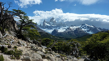 glorious mountains, clouds, trees, mountains, rocks HD wallpaper