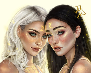 Zodiac ~ Gemini, zodiac, fantasy, art, tati moons, couple, gemini, girl, luminos HD wallpaper