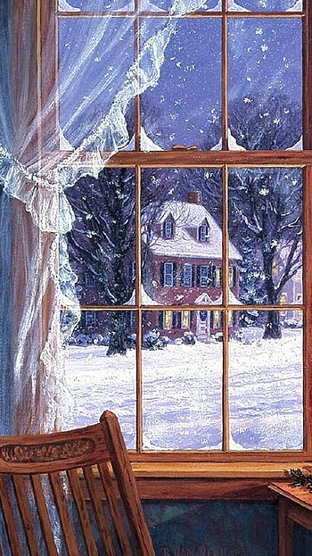 Winter Street through the Window, window, house, snow, artistic, winter HD phone wallpaper
