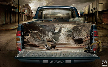 strip mining in a bed of a pickup truck, pickup, mining, fantasy, town, street, tractors HD wallpaper
