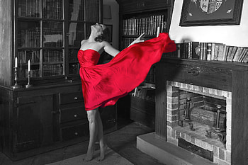 Model in a Red Dress, fireplace, model, abstract, red dress HD wallpaper