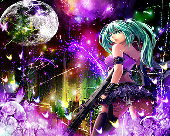 Love is War, colorful, cute, vocaloid, long hair, miku, rose, abstract, butterfly, moon, wing, flower, gun, female, sexy, wings, hatsune miku, hot, girl, multicolor, anime girl, anime, fantasy, weapon, green hair HD wallpaper