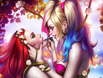 Poison Ivy and Harley Quinn, blue, blonde, ayyasap, girl, pink, fantasy, lipstick, comics, red, couple, redhead, luminos HD wallpaper