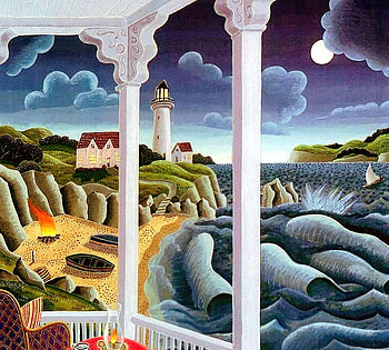 The Porch View, sea, chairs, lighthouse, moon, porch, beach HD wallpaper