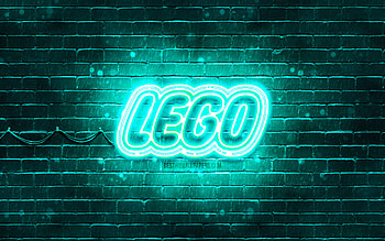 LEGO turquoise logo, , turquoise brickwall, LEGO logo, brands, LEGO neon logo, LEGO HD wallpaper