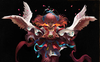 Angel, wings, frumusete, black, girl, fantasy, luminos, redhead, uc0235c88 HD wallpaper