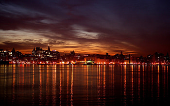 City In The Dark, river, night lights, red, dark city, city at night, river at night HD wallpaper