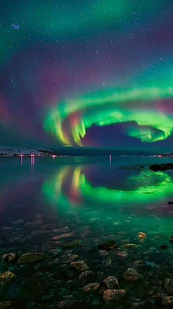 Aurora Borealis over Lake in Norway, Norway, winter, lake, sky, starry sky, star, night, light, nature, aurora borealis, winter night HD phone wallpaper