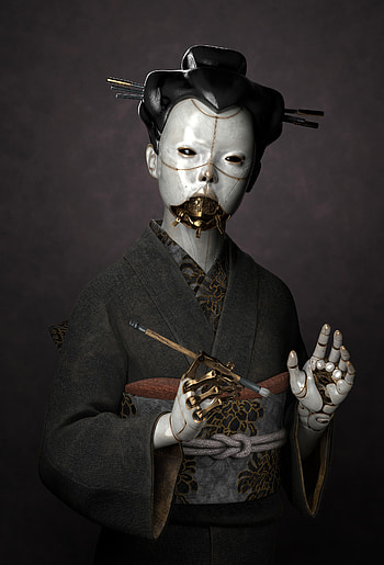 Artistic geisha, Futuristic movie, Cybernetic world, Visual masterpiece HD phone wallpaper