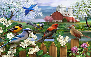 Spring gathering, blossoms, fence, birds, barn, painting, flowers HD wallpaper