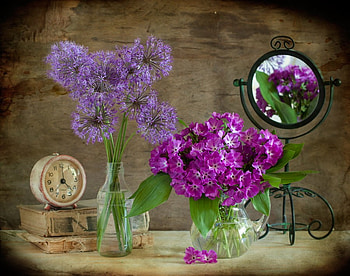 still life, bouquet, graphy, kettle, nice, books, reflection, flower, clock, , mirror, elegantly, beautiful, bottle, purple, old, pretty, cool, flowers, lovely, harmony HD wallpaper