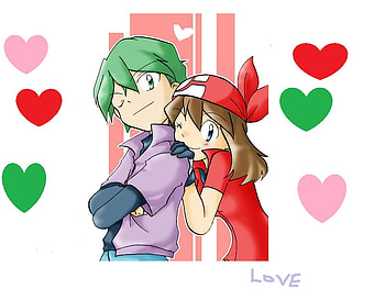 mayXdrew, drew, may, pink, love, green, red, hearts, pokemon HD wallpaper