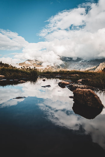 Nature, Grass, Stones, Mountains, Clouds, Lake HD phone wallpaper