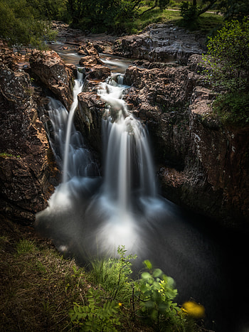 Nature, Grass, Stones, Waterfall, Precipice, Break, Flow HD phone wallpaper