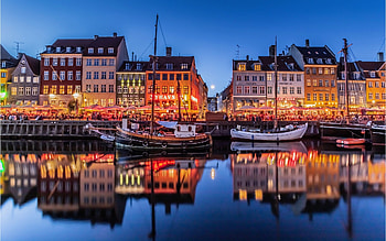 Copenhagen, Denmark, Copenhagen, houses, Denmark, harbor, dusk HD wallpaper