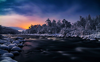 Winter at the River, sunset, snow, colors, clouds, trees, sky, rocks HD wallpaper