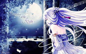 Singing at the Night, night, blue, superstar, sparker, cute, spark, long hair, dress, beauty, nice, abstract, moon, flower, magical, maiden, female, sexy, sweet, magic, hot, blue hair, girl, singer, beautiful, petal, star, anime girl, music note, anime, fantasy, pretty, sing HD wallpaper