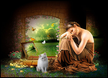 ✼.Magnificent Love & Idea.✼, plants, , butterflies, animals, trees, idea, female, sweet, splendid, think, eyes, magnificent, cat, grass, leaves, fantasy, pretty, fields, face, nature, models, hair, lovely, cute, digital art, dress, arch, lips, beautiful, people, love, manipulation, clouds, girls, sky, flowers, women, flyings HD wallpaper