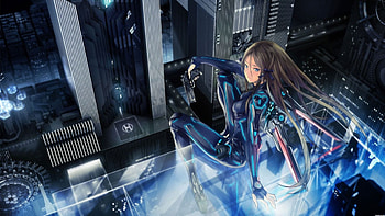 fighter, night, anime, city, cool, futuristic, girl, long hair HD wallpaper