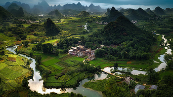 Aerial View Of Green Trees Bushes Farm Grass Village River graphy graphy HD wallpaper