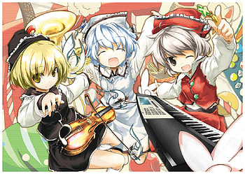 Prismriver Sisters, instrument, touhou, short hair, girls, dress, hats HD wallpaper