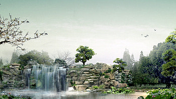 Waterfalls, birds, firefox persona, trees, waterfall, flowers, rocks, park, pond HD wallpaper