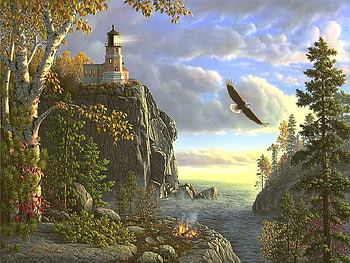 Guiding Light, sunshine, lighthouse, eagle, clouds, cliff, water, fire, tree HD wallpaper